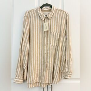 NWT Universal Thread Tan and White Striped Linen Button Down Long Tunic Shirt XL
